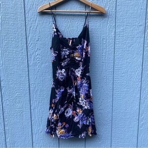 Free People black purple floral ruched mini dress Large